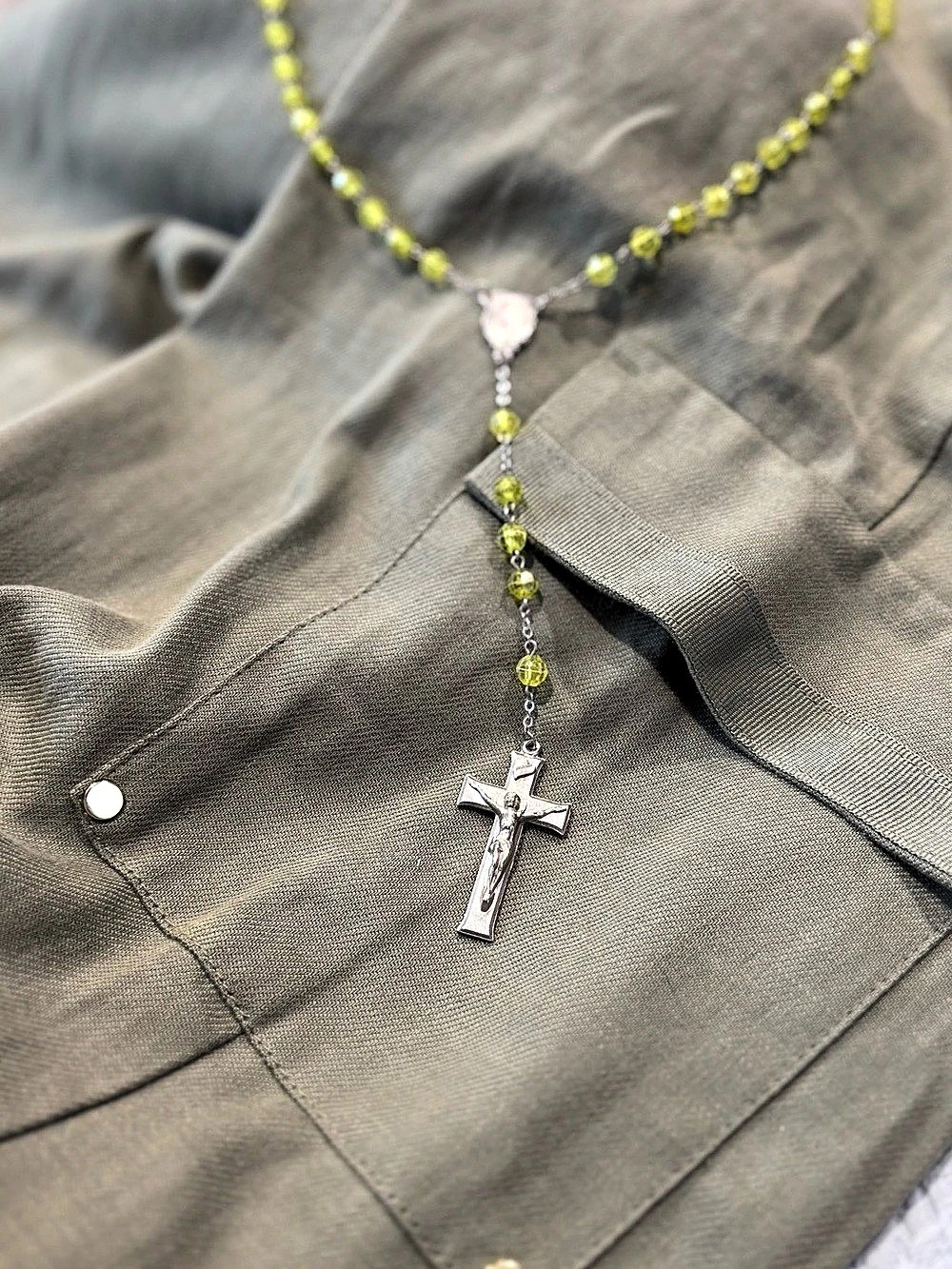 Green Beaded Cross Pendant Necklace